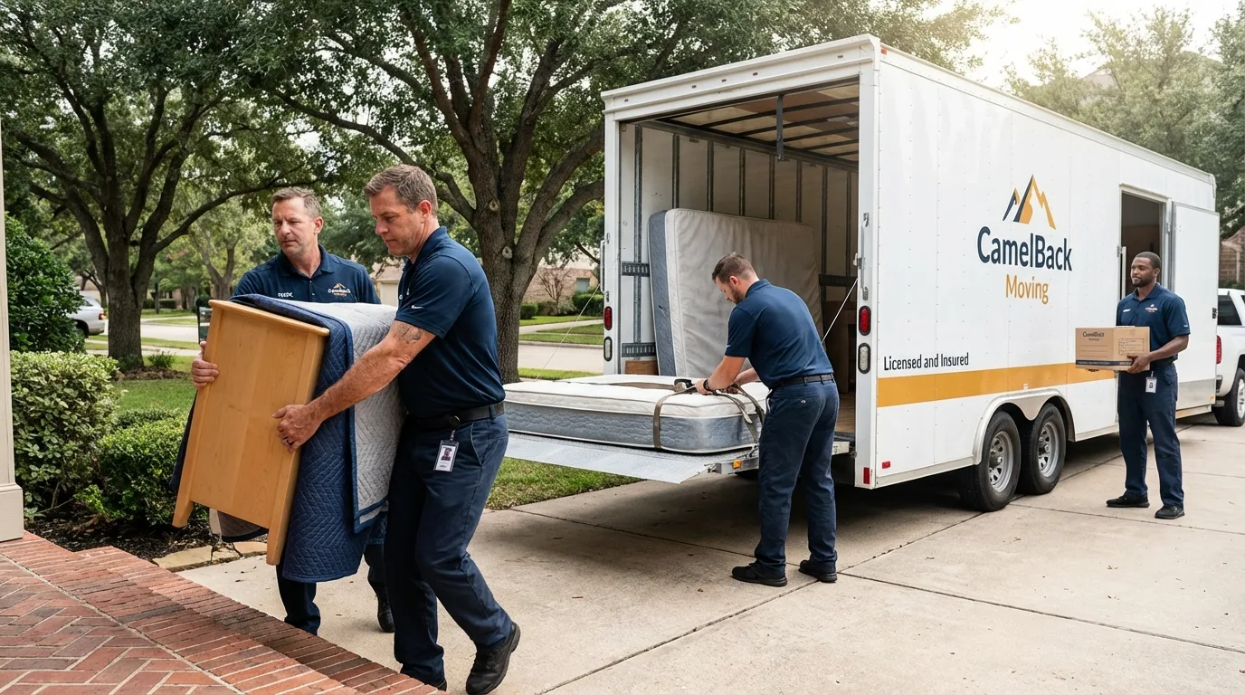 Crew loading residential truck for cross-state move from Jena, LA