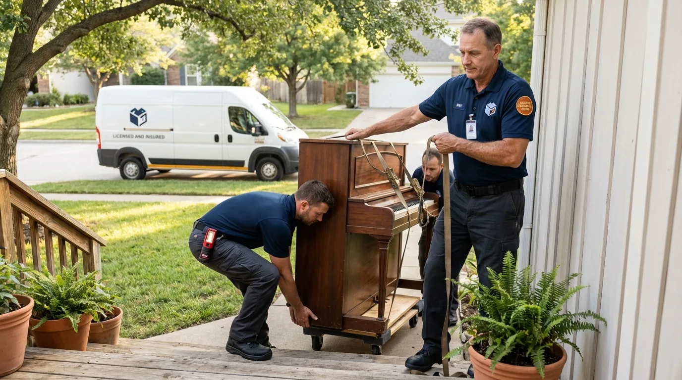 Licensed piano movers securing grand piano in Jena, LA