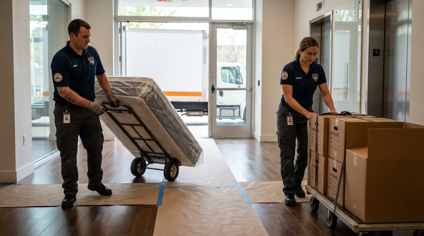 Professional apartment movers loading elevator in Jena, LA